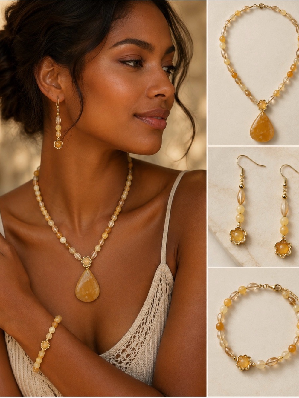 Warm Yellow Agate Teardrop Necklace & Earring Set - Marilisa Designs